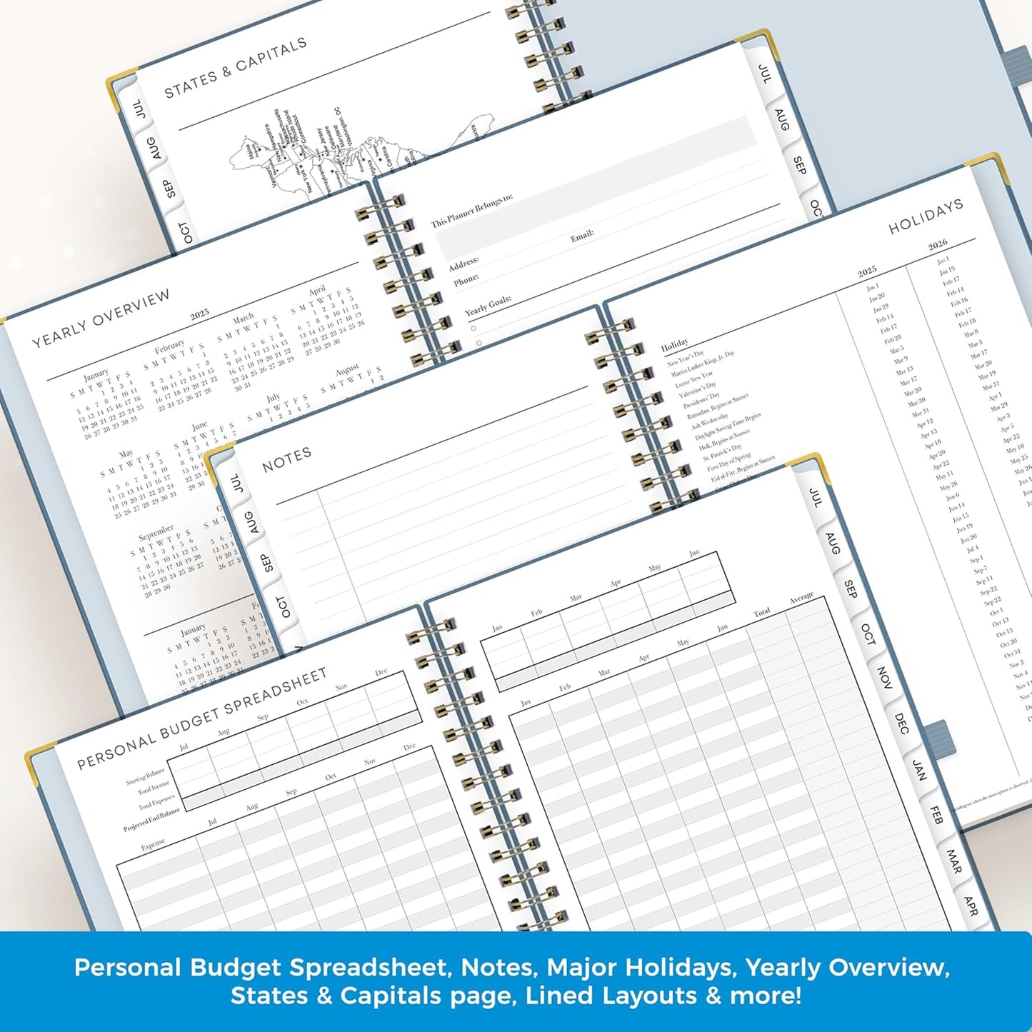 Blue Sky 2025-2026 Academic Year Weekly and Monthly Planner Calendar, July 2025 - June 2026, 12-Month, 5" x 8", Faux Leather Cover, Wirebound, Storage Pocket, Laminated Tabs, Blue Haze