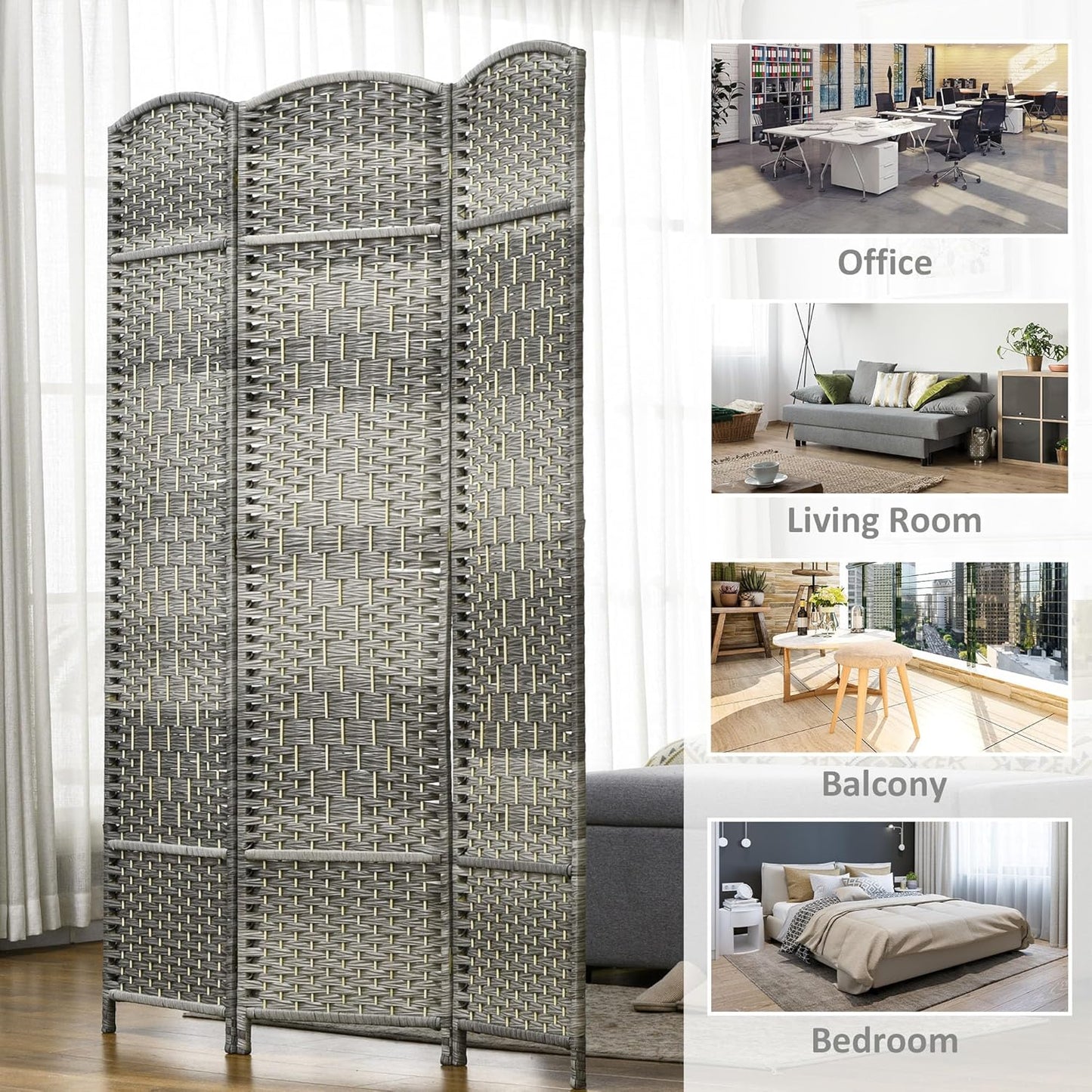 HOMCOM 3 Panel Room Divider, 6' Tall Folding Privacy Screen, Hand-Woven Freestanding Wall Partition for Home Office, Bedroom, Mixed Gray