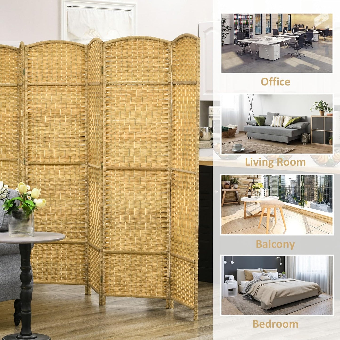 HOMCOM 6 Panel Room Divider, 6' Tall Folding Privacy Screen, Hand-Woven Freestanding Wall Partition for Home Office, Bedroom, Nature Wood