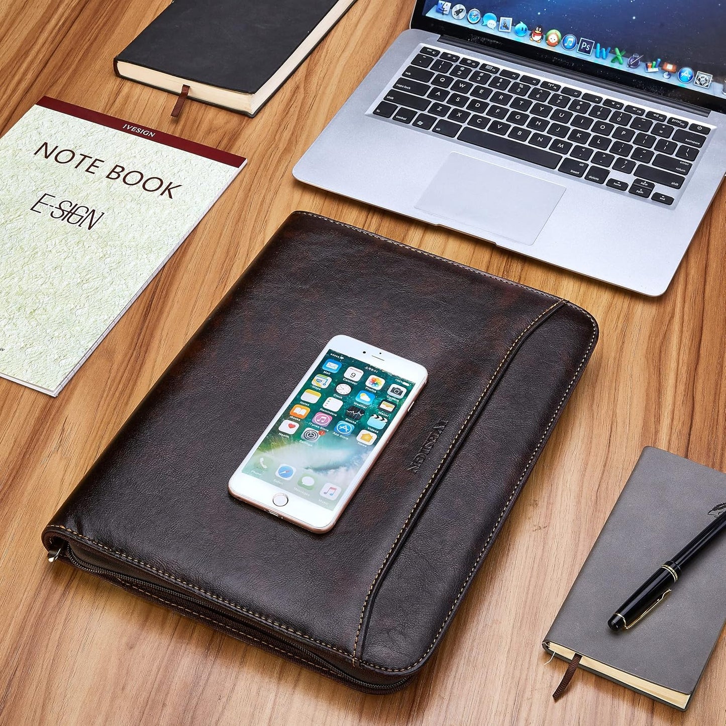 IVESIGN Zippered Padfolio Binder, Faux Leather Organizer with 3-Ring Binder, Left-Handed Design, Business Card Slots & Document Folders - Professional Padfolio for Office (Dark Brown)