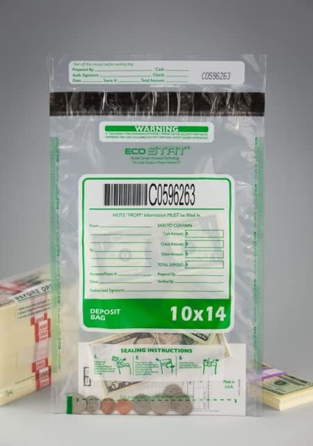 100 Cashier Depot Tamper Evident Deposit Bags, 10" x 14" Clear, Serialized Numbering, Barcode, Press & Seal Void Closure Tape (100 Bags)