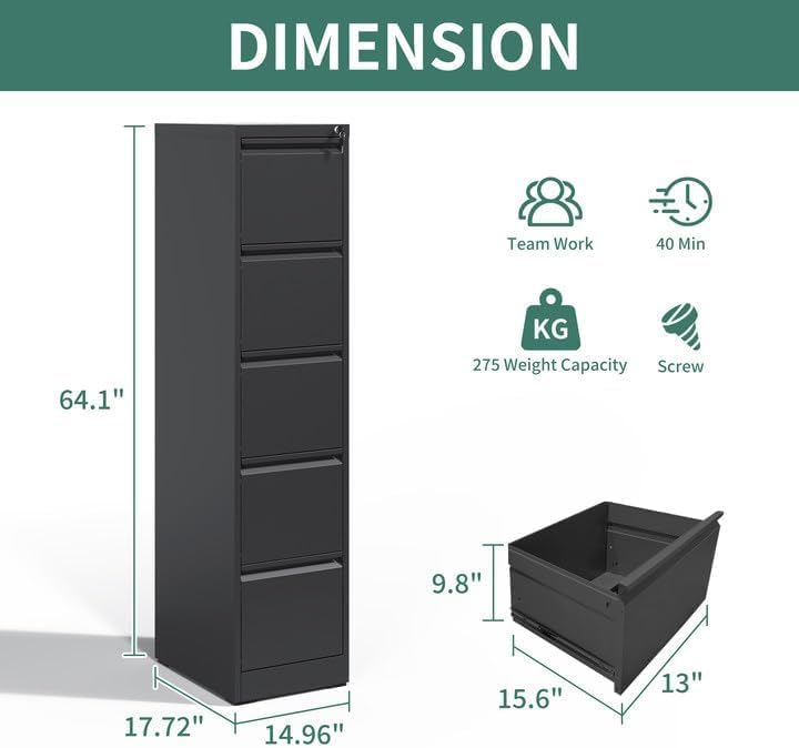 5 Drawer File Cabinet with Lock,Metal Vertical Filing Cabinets for Home Office,Heavy Duty File Storage Cabinet for Letter/Legal/A4/F4 Size File,Assembly Require (Black, Vertical 5 Drawer)