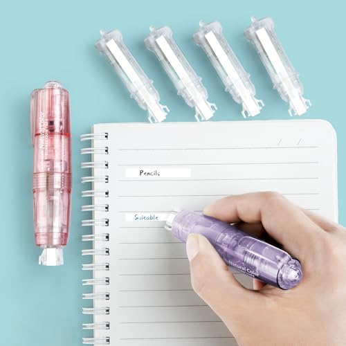 White Retractable Correction Tapes, 2 Cute Pre-Loaded Correctors with 4 Refills, Pull-Out Pen-Shaped Applicator, Anti-Break Tape for Office Supplies(Pink, Purple)