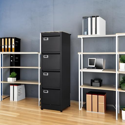 4 Drawer File Cabinet with Lock Metal Vertical File Cabinet Office Home Vertical File Cabinet for A4 Legal/Letter Size Narrow File Cabinet Locked,Assembly Required (Black, 4 Drawers- Vertical)