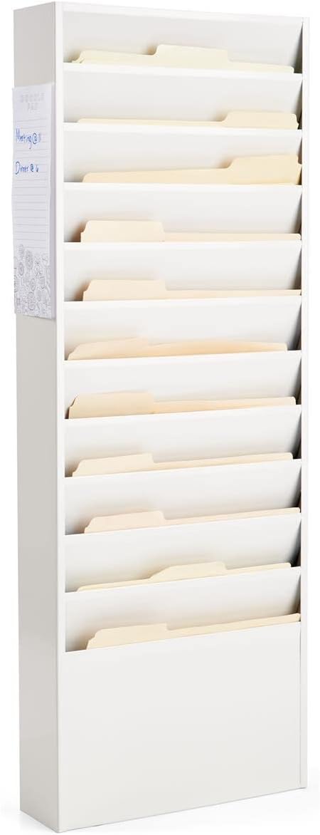 Displays2go File Holder Wall Mount, 11 Tiers, Letter Size, Magnet Receptive Steel - White (JMFF11WHT)