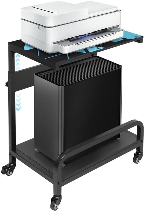 Height Adjustable Computer Tower Stand, Compact Printer Stand, 2 Tier for ATX Case, Extra Large CPU Floor Stand PC Tower Stand CPU Holder Cart with Guard Rail 32.7" X 21.6" X 15.8", Blue