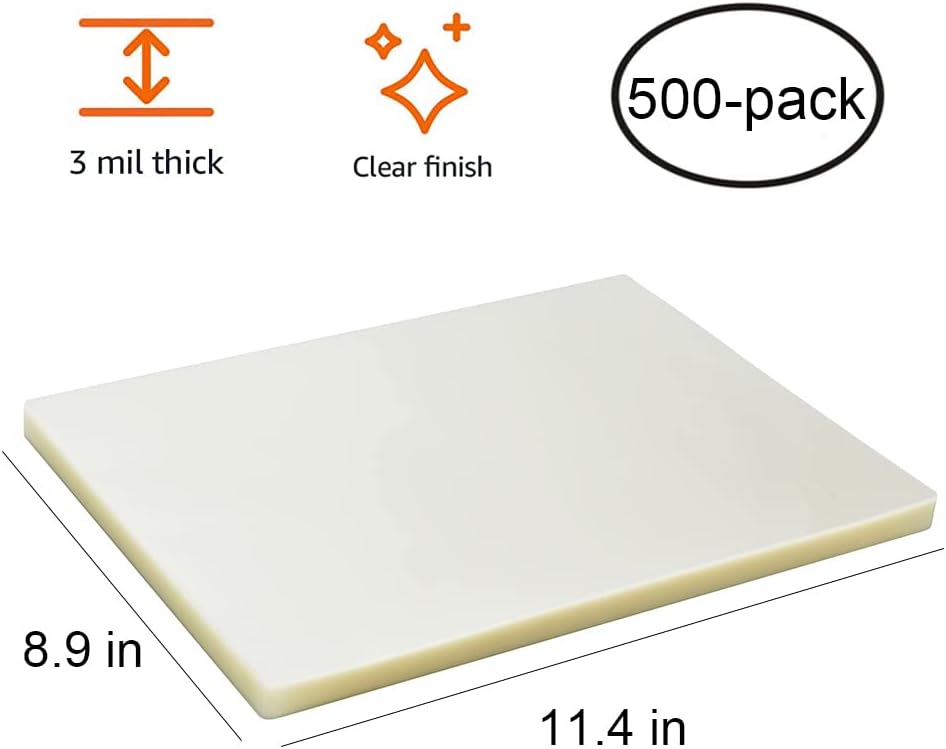 FungLam Laminating Sheets, 8.9 x 11.4-Inches Thermal Laminating Pouches, 3 mil Thick, 500-Pack, Clear
