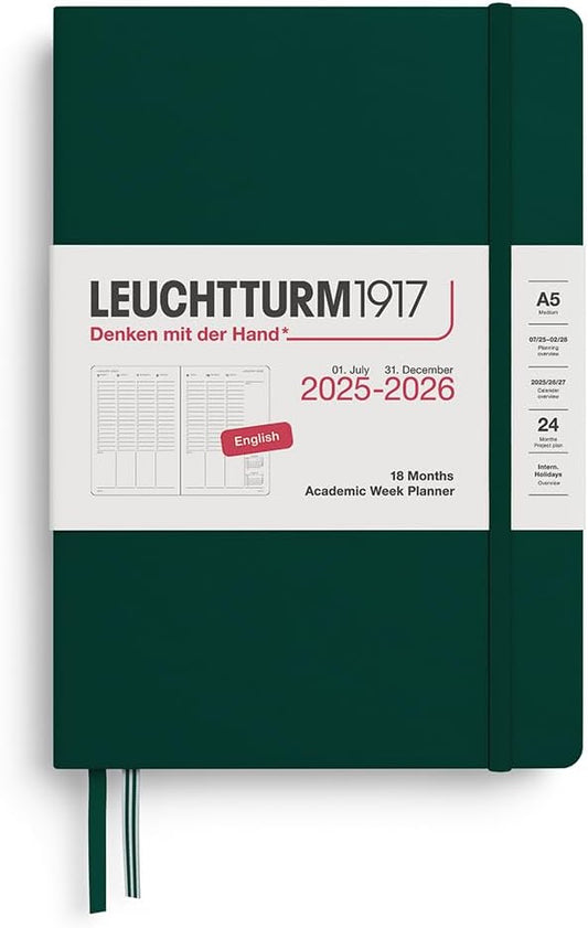 LEUCHTTURM1917 - Academic Week Planner Hardcover Medium (A5), 18-month, Jul. 2025 - Dec. 2026, English, Forest Green