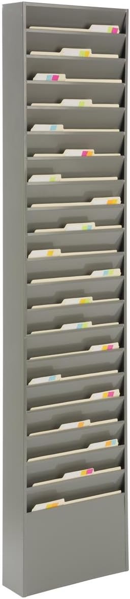 File Folder Wall Rack, 20 Pockets, Tiered, Office and Medical Charts (Gray, Powder Coated Steel)