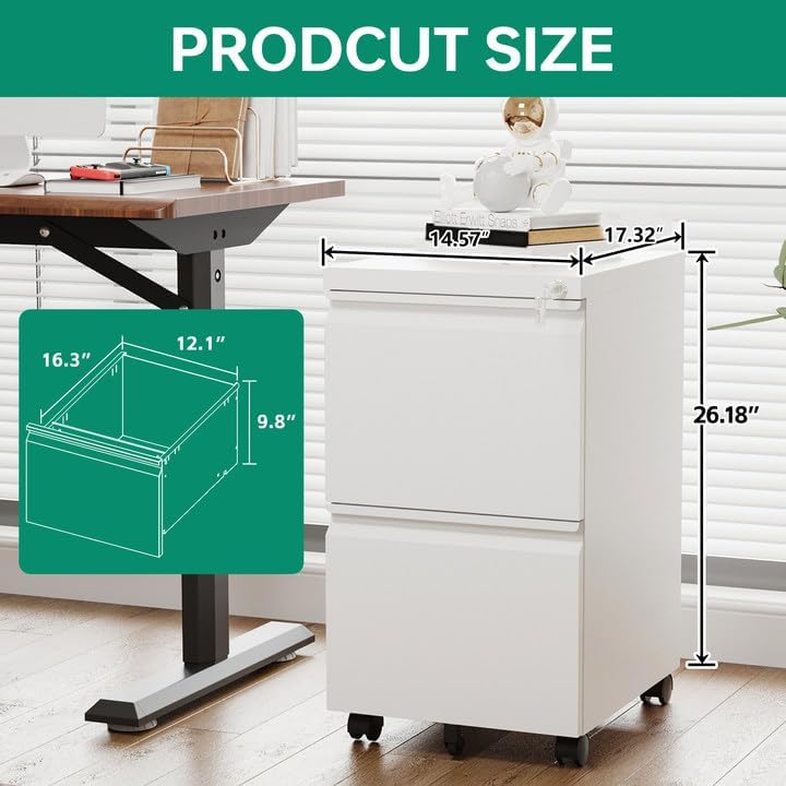 Letaya 2 Drawer Mobile File Cabinet with Lock,Under Desk Metal Filing Cabinets for Home Office Organizer Letters/Legal/A4(White-Requires Installation)