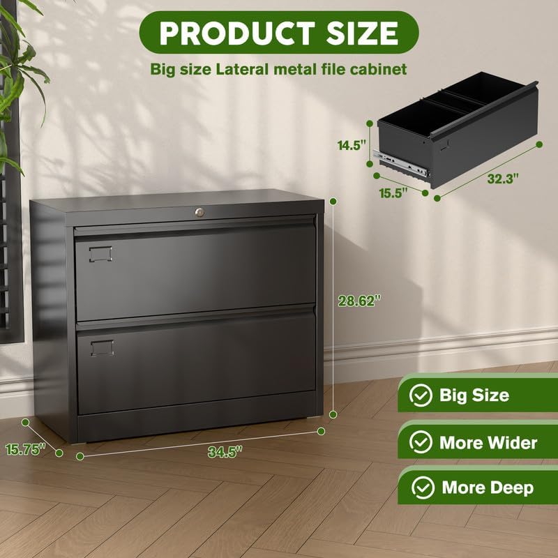 Aobabo 2 Drawer Wide Lateral File Cabinet, Metal Filing Cabinet with Lock, Suitable for Home Office School Hanging Files Letter/Legal/F4/A4 Size,Black,Required-Assembly