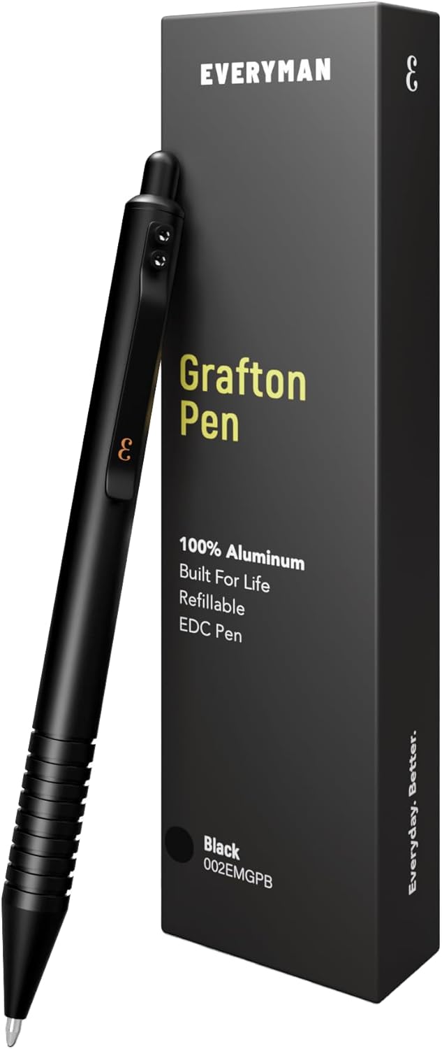 Everyman Grafton Full Click Refillable 0.7mm Ball Point Pen, Black | Sleek Anodized Aluminum EDC Pen with Deep Grooved Grip | Smooth Writing Pocket Pen for Office, Travel, Gifting & Daily Use