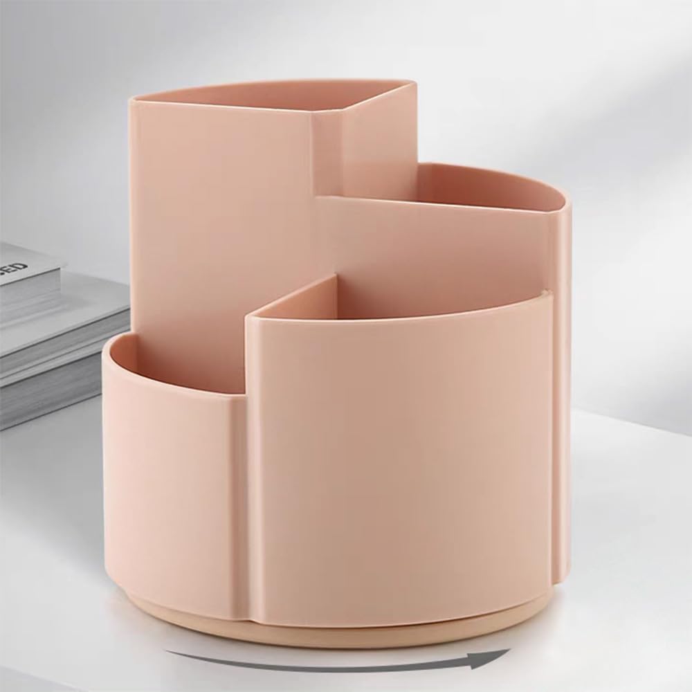 OWLFAVO Desk Pencil Pen Holder, 4 slots 360-Degree Spinning Desk Organizers, Rotating Desktop Storage Stationery Supplies for School, Home, Office, Kitchen, Makeup Brush, Dusty Pink