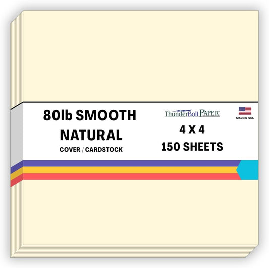 150 Natural Smooth Card Stock Sheets Paper - 4 X 4 Inches Small Square Card Size - 80# (80 lb/Pound) Cover Weight - Quality Paper - Smooth Finish