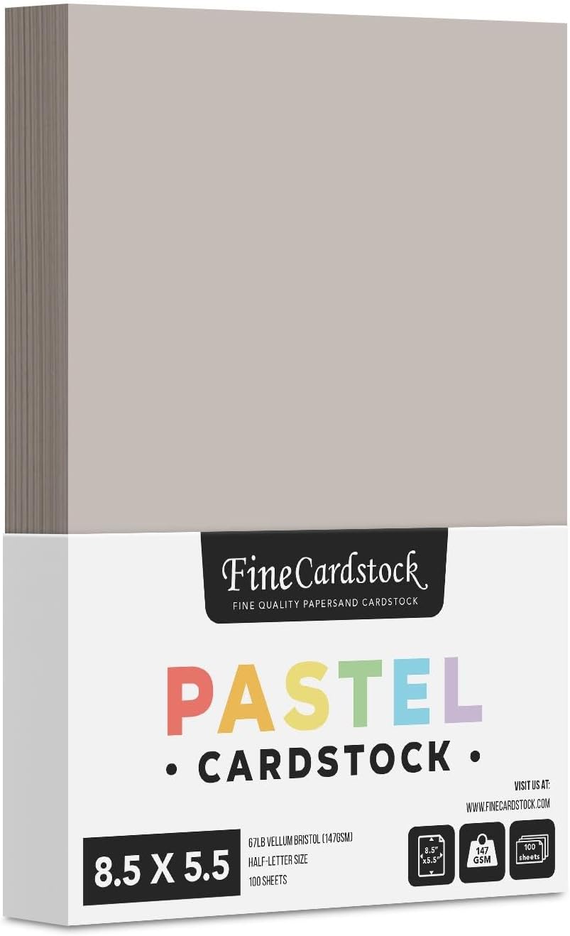 Half Letter Size, 8.5" x 5.5" Pastel Color Cardstock Paper for Arts and Crafts, Scrapbooking, Stationery Printing | Medium Weight 67lb Vellum Bristol (147gsm) Card Stock | 100 Sheets per Pack | Gray
