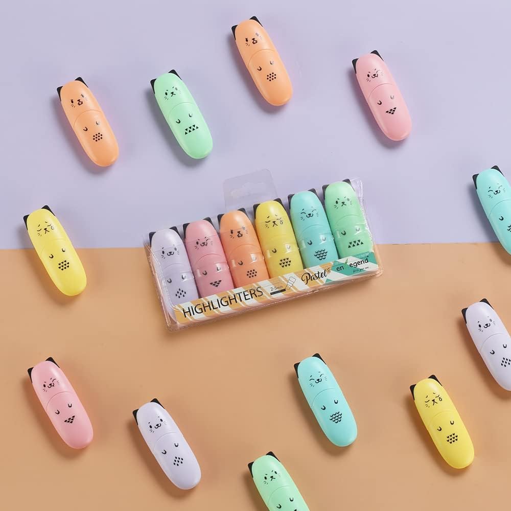 6 pieces Cat Shape Cute Mini Highlighter Pen Pastel Color Chisel Tip Kawaii Kids Stocking Stuffers Gift Highlighter Marker