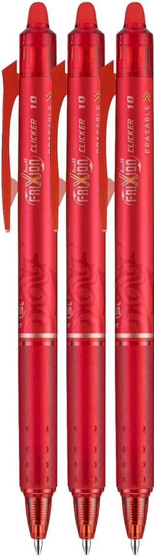 FriXion Clicker Retractable Erasable Gel Pen, Red, Bold Point, 3-pk; Bundle with Plastic Reusable Pouch