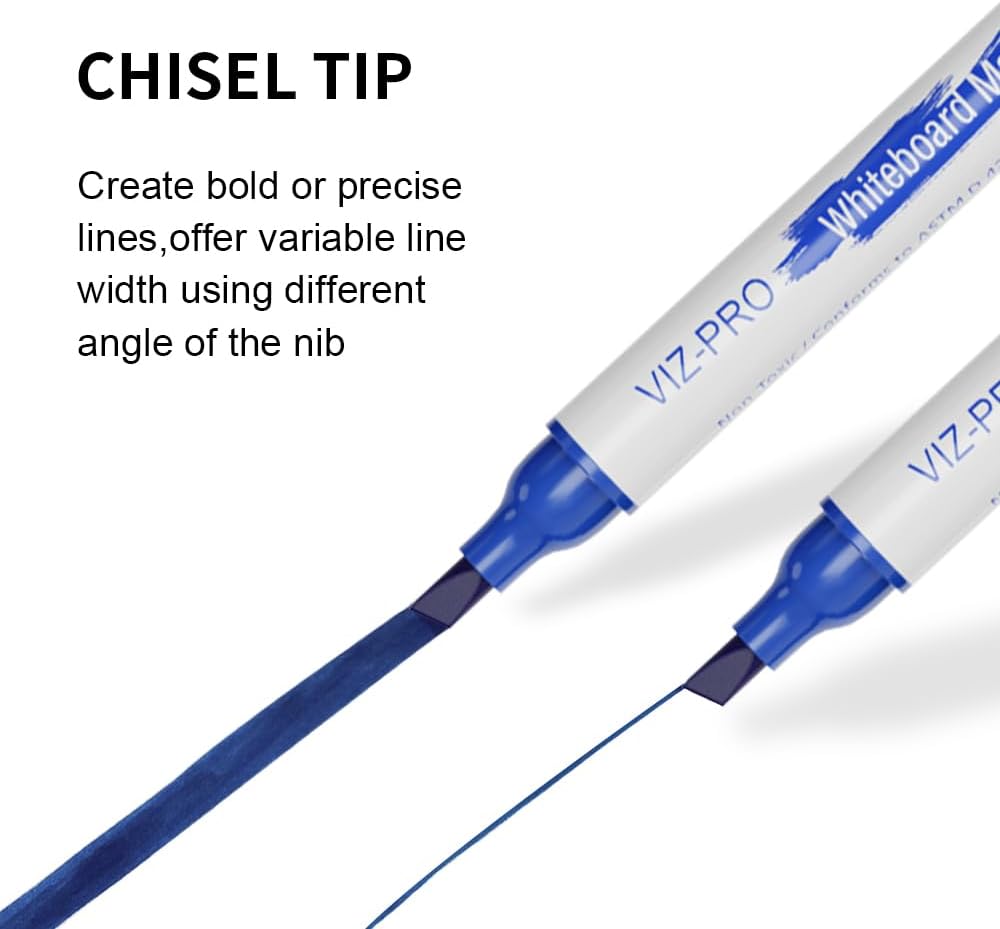 VIZ-PRO Dry Erase Markers, Chisel Tip, Assorted Colors, 12-Count Low-Odor Whiteboard Pens