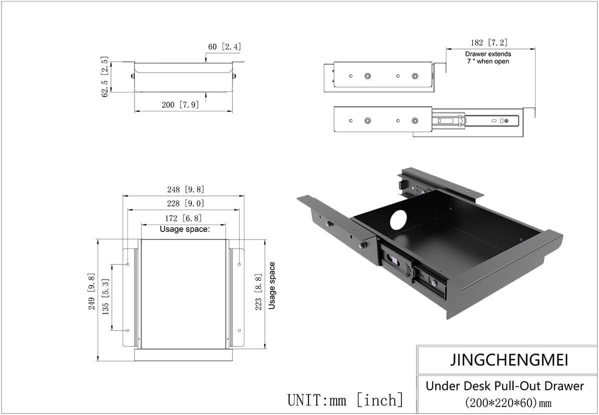 Under Desk Mounted Sliding Pull-Out Drawer for Office Desk or Table - Storage Organizer for Sit Stand Workstation- W 9.8" x D 9.8" x 2.5", Metal, Black (Small)