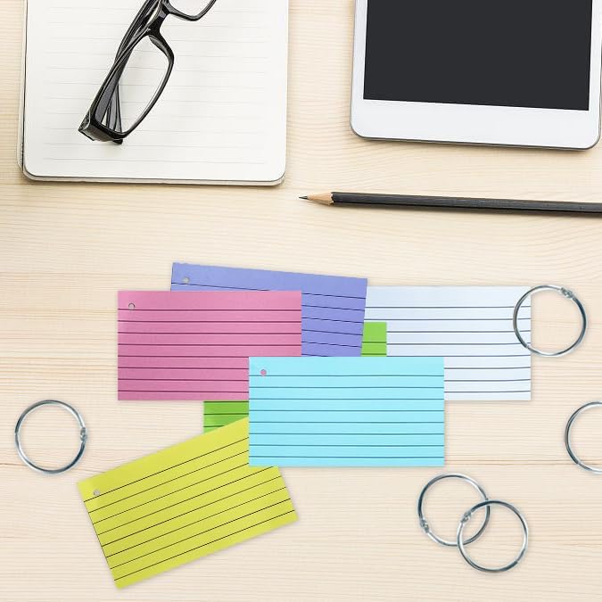 TFLFL Index Cards 4x6 Inch, 600PCS Flash Cards with Rings 8 Colors Ruled Index Cards, Assorted Lined Colored Flashcards, Thin Note Cards Paper, Study Card Memo Scratch Pad for Home Office School