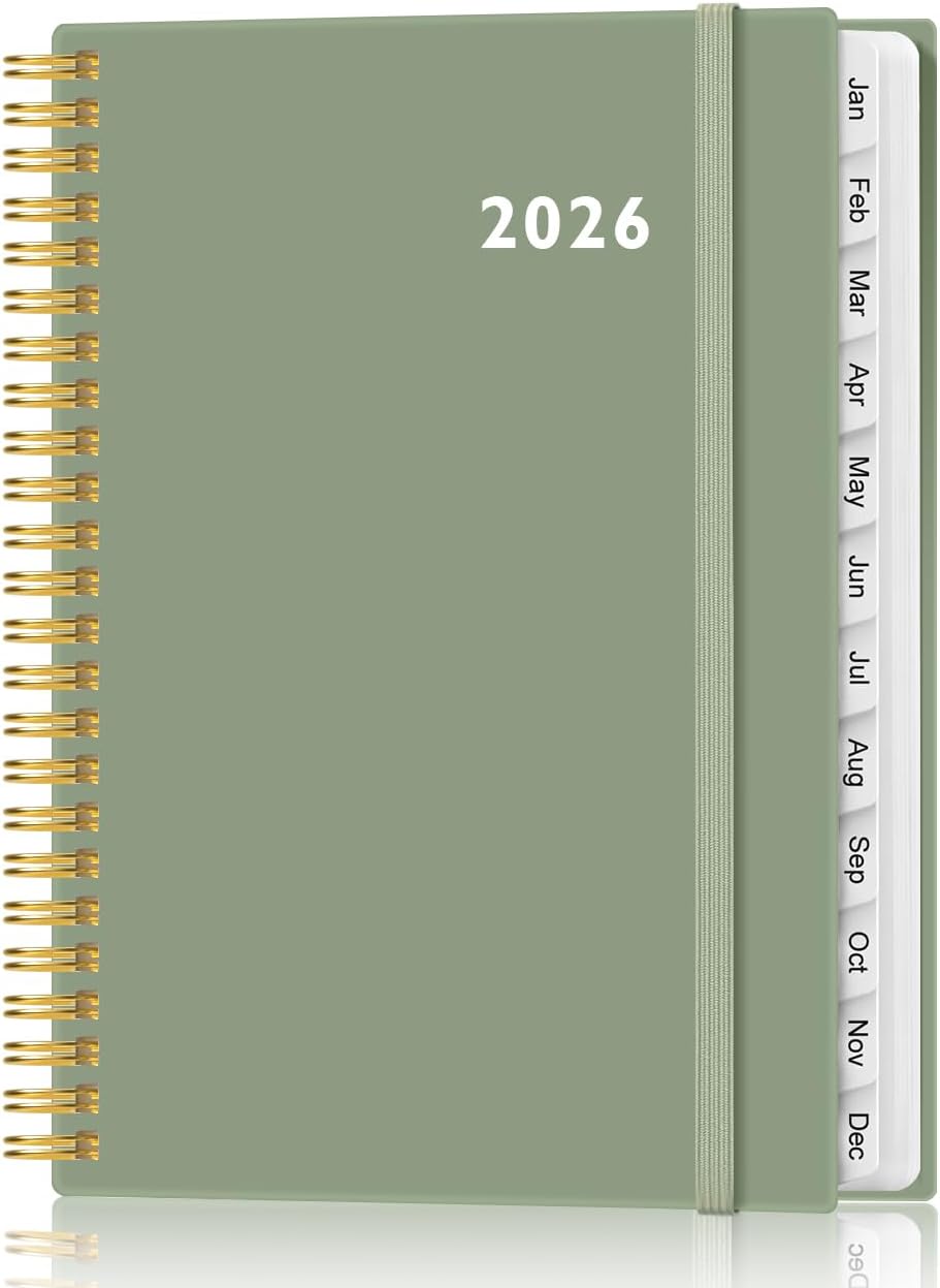 2026 Planner - Weekly and Monthly Calendar Planner from Jan 2026 - Dec 2026, Planner 2026 Spiral Bound with 12 Monthly Tabs, Inner Pocket, Perfect for School Office Supplies, 6.4" x 8.5", Green-C