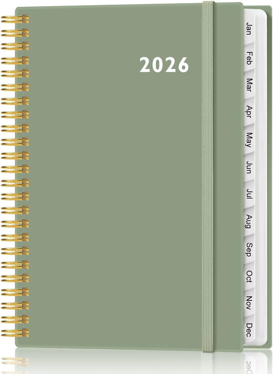 2026 Planner - Weekly and Monthly Calendar Planner from Jan 2026 - Dec 2026, Planner 2026 Spiral Bound with 12 Monthly Tabs, Inner Pocket, Perfect for School Office Supplies, 6.4" x 8.5", Green-C