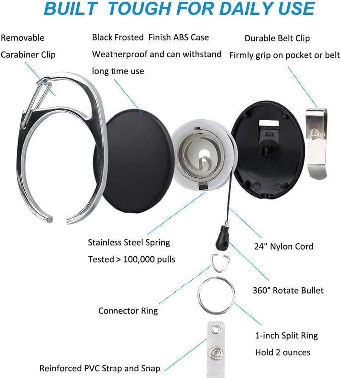 2 Packs Heave Duty Retractable Badge Reels with Carabiner Belt Clip and Key Ring, Badge Holders for ID Card Holders with 26.5 Inch Pull Cord (Black)