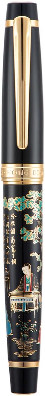 Hongdian 231 Chinese Classical Fountain Pen, Iridum Extra Fine Gold Nib with Chinese Painting Design, Smooth Writing Pen with Ink Converter and Metal Pen Box Set