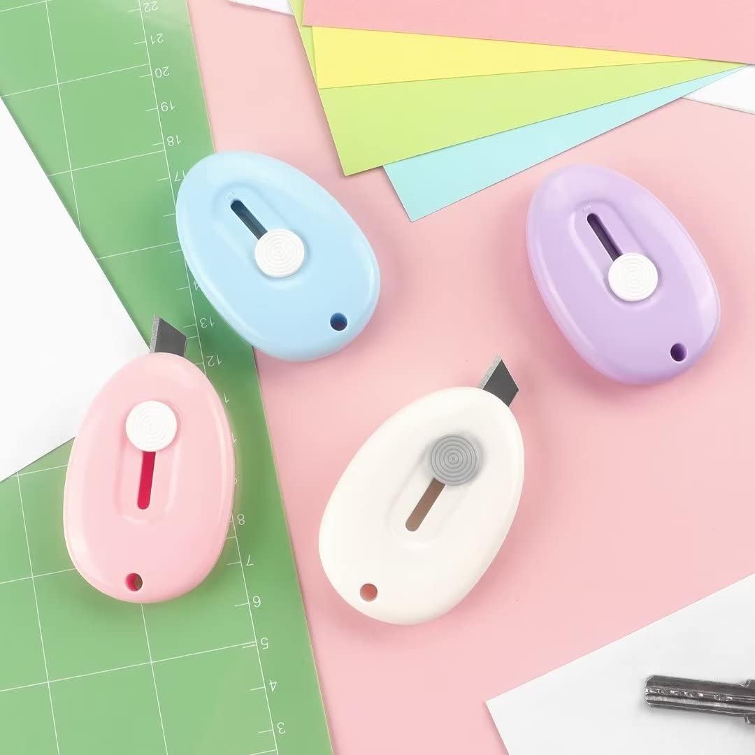 Tamaki 4 Pack Mini Box Cutter Retractable Utility Knife Letter Opener Envelope Slitter, Box Cutter with Key Chain Hole (Blue, Pink, Purple, White)