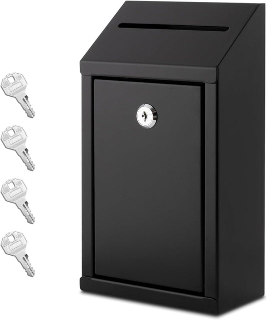Metal Donation Box with Lock, Wall Mounted, Suggestion Box with 4 Iron Keys, Black, Cash Drop Box with Slot, 1-Pack
