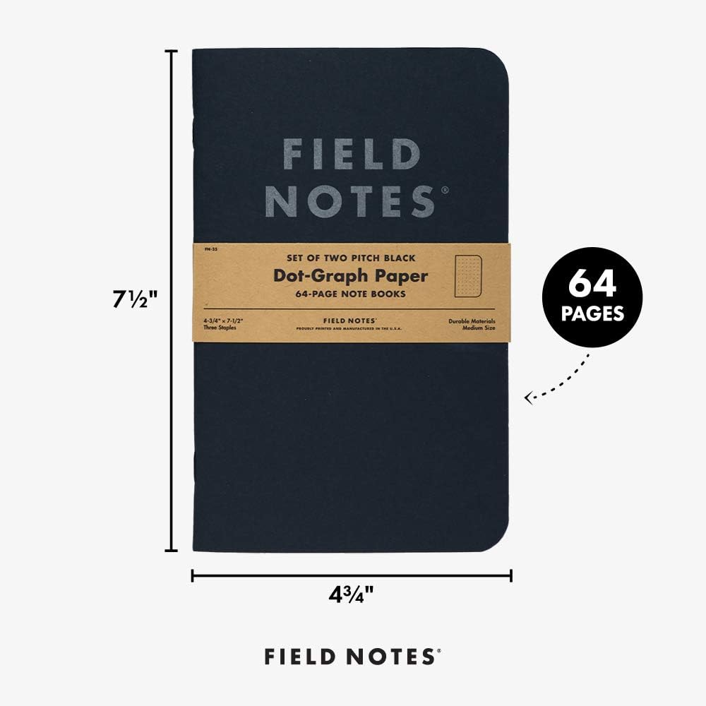 Field Notes 2-Pack Pitch Black Notebooks (4.75" X 7.5"), Dot-graph, 64 Pages | Thin Pocket Sized EDC Notebook With 90 GSM Paper & Paperback Cover | Work Notebooks For Note Taking | Made in the USA