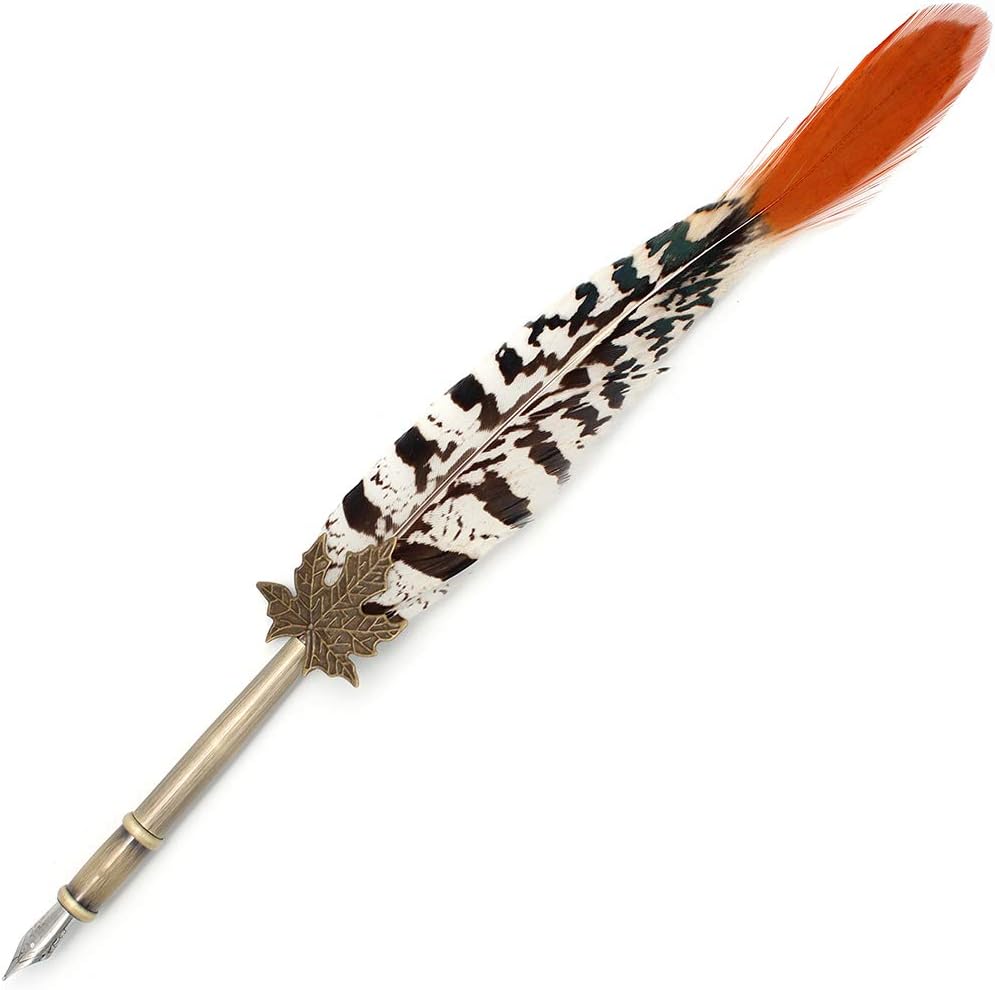 Gullor Quill Handcraft Feather Dip Pen Stem Metal Nib Pen Writing Quill with 5 Extra Nibs, Style B