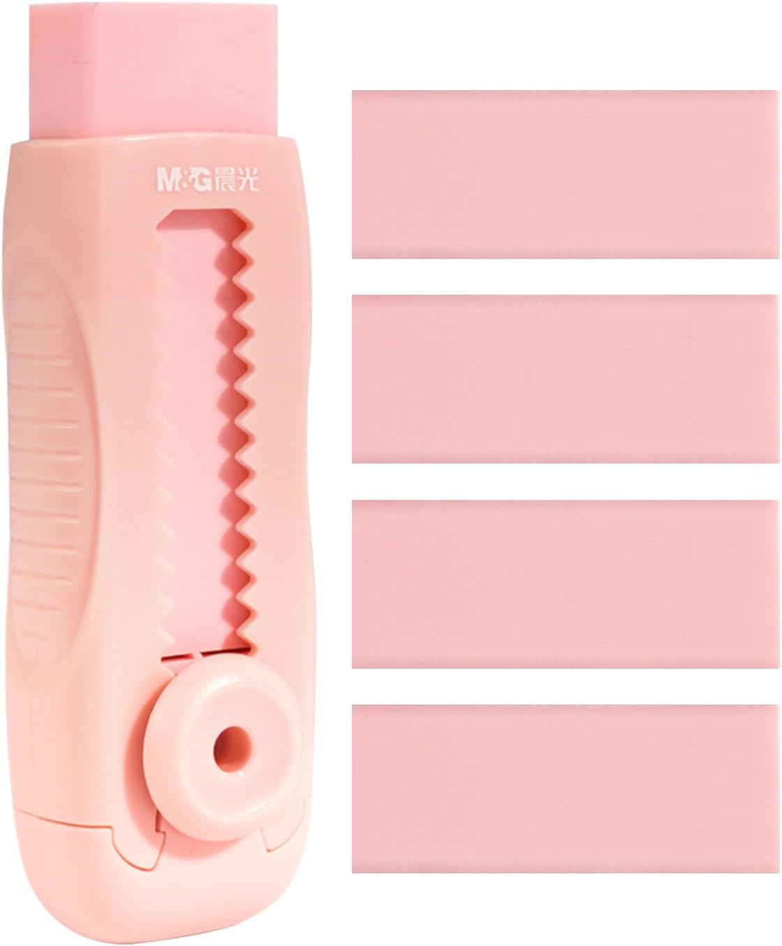M&G 4+1 Pack Rubber Pink Erasers Sliding Retractable Eraser, Soft Cute Erasers Push Pull Large Pencil Erasers with Plastic Sleeve 4 Refill Eraser for School Students Kids Office Home Supplies