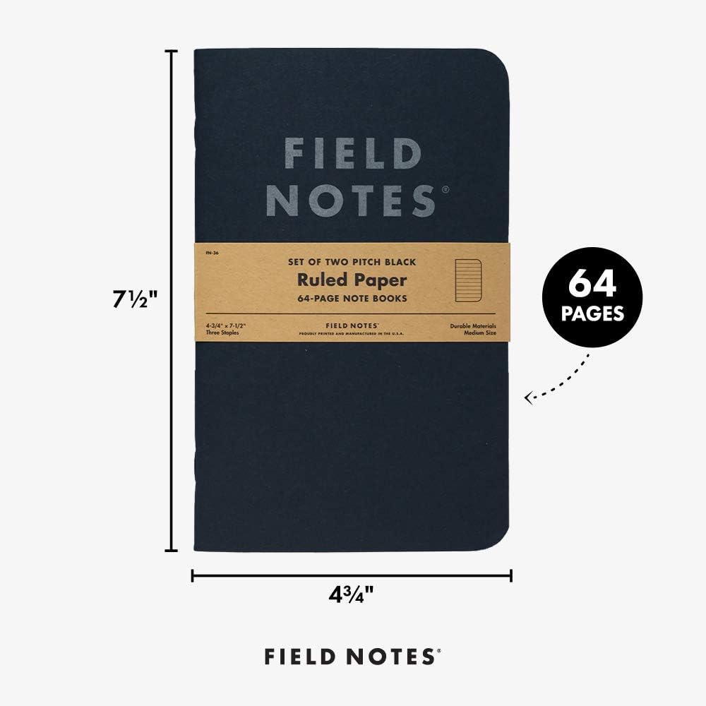 Field Notes 2-Pack Pitch Black Notebooks (4.75" X 7.5"), Ruled, 64 Pages | Thin Pocket Sized EDC Notebook With 90 GSM Paper & Paperback Cover | Work Notebooks For Note Taking | Made in the USA