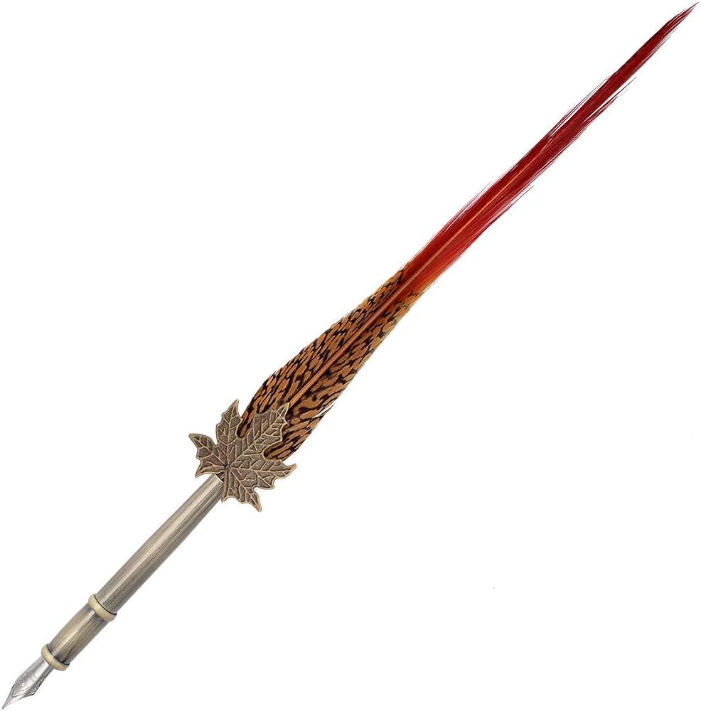 Gullor Quill Handcraft Feather Dip Pen Stem Metal Nib Pen Writing Quill with 5 Extra Nibs, Style A