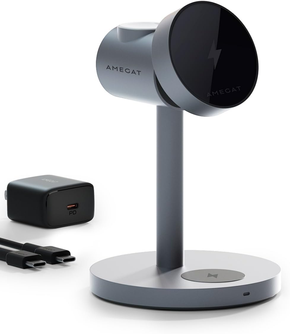 MagFusion 3-in-1 Charging Station Compatible with MagSafe, Qi2 Certified 15W Magnetic Wireless Charger Stand, for iPhone 17/16/15/14/13/12 Series, Apple Watch, AirPods(30W PD Charger Included)