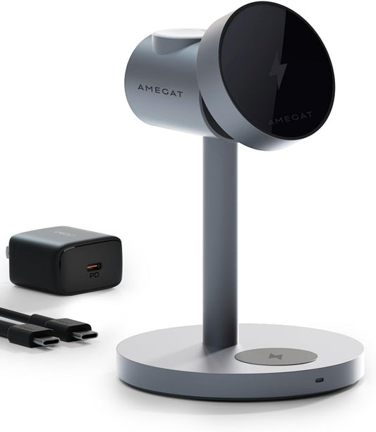 MagFusion 3-in-1 Charging Station Compatible with MagSafe, Qi2 Certified 15W Magnetic Wireless Charger Stand, for iPhone 17/16/15/14/13/12 Series, Apple Watch, AirPods(30W PD Charger Included)