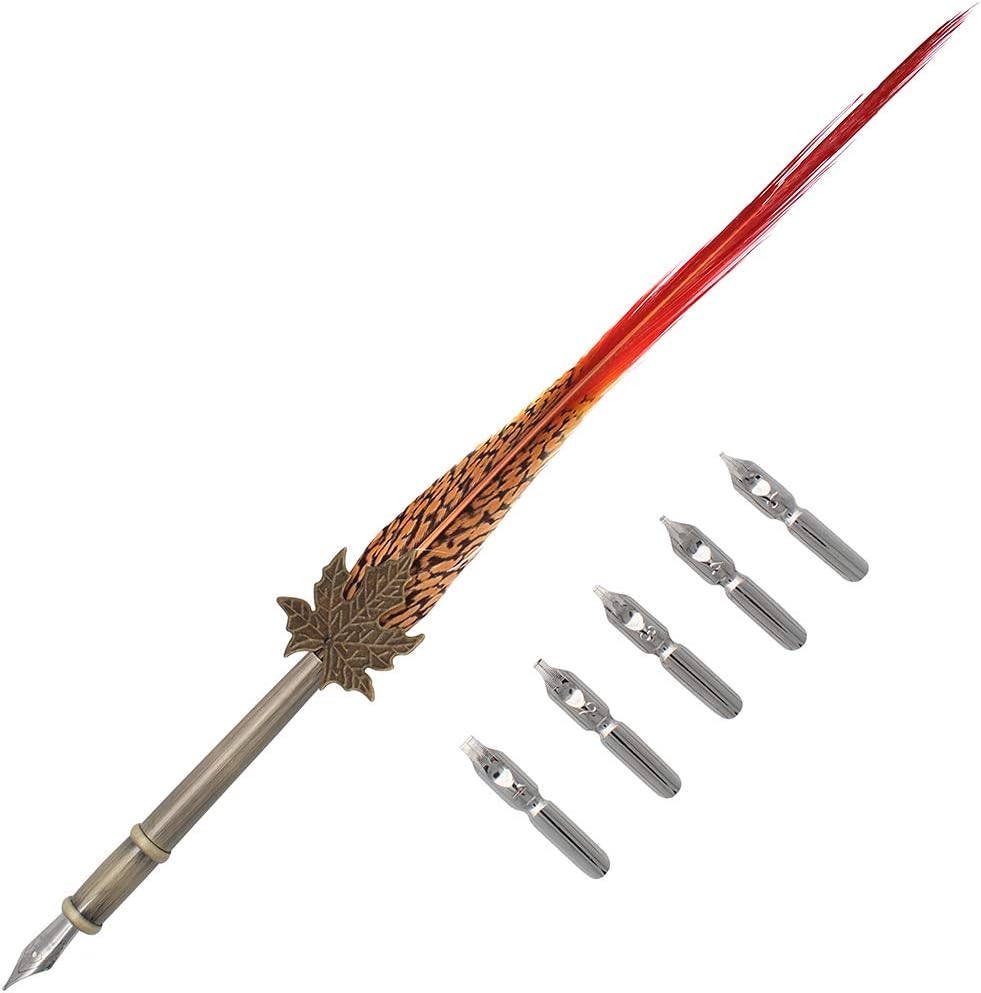 Gullor Quill Handcraft Feather Dip Pen Stem Metal Nib Pen Writing Quill with 5 Extra Nibs, Style A