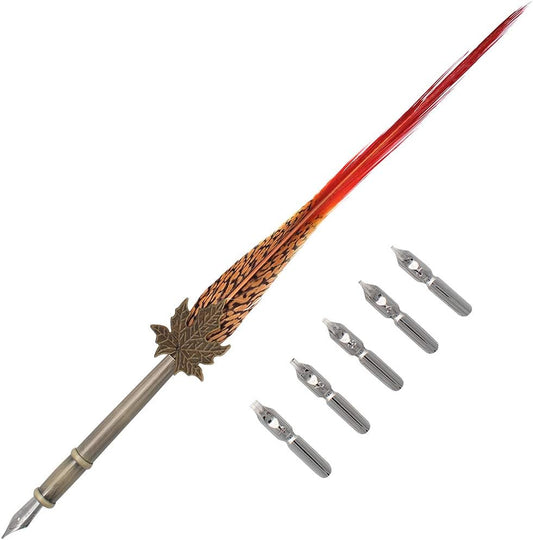 Gullor Quill Handcraft Feather Dip Pen Stem Metal Nib Pen Writing Quill with 5 Extra Nibs, Style A