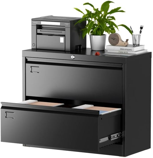Aobabo 2 Drawer Wide Lateral File Cabinet, Metal Filing Cabinet with Lock, Suitable for Home Office School Hanging Files Letter/Legal/F4/A4 Size,Black,Required-Assembly