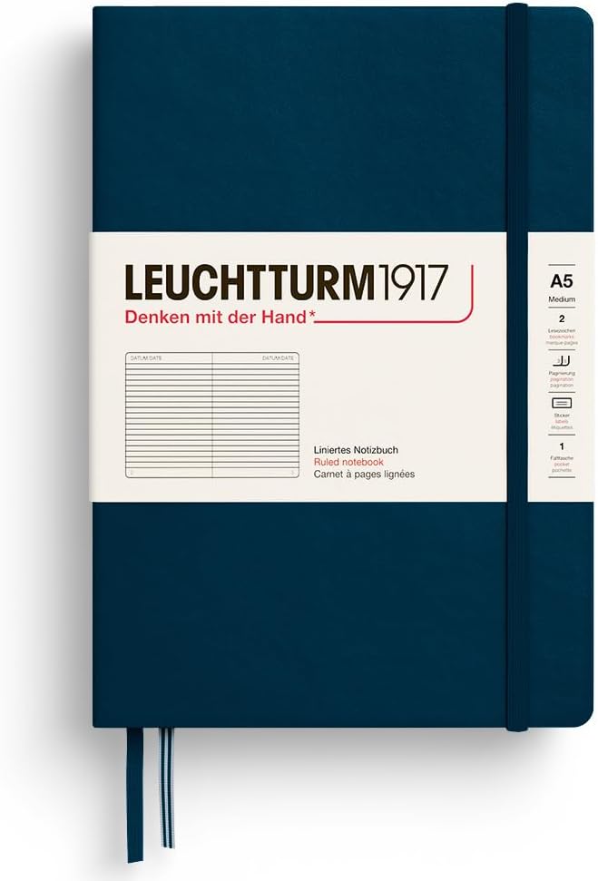 LEUCHTTURM1917 - Notebook Hardcover Medium A5-251 Numbered Pages for Writing and Journaling - Thinking Ahead (Ruled Paper, Deep Sea)