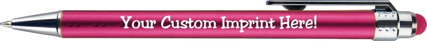 Personalized Pens with Stylus Tip -Bright Vibes- Click action - Custom - Black writing - Printed Name pens - Imprinted with Your Logo or Message - FREE PERSONALIZATION - 12 Pens/Box (Pink)