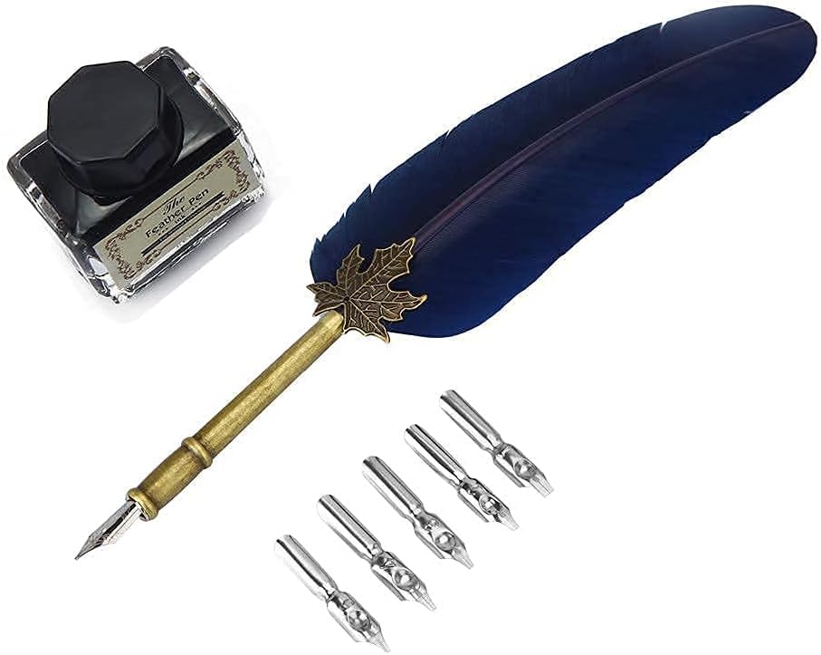OPENDGO Feather Quill Pen Set with Ink Antique Feather Copper Pen Stem Calligraphy Set Quill Pen Writing Quill Ink Dip Pen with 5pcs Nibs in Different Size