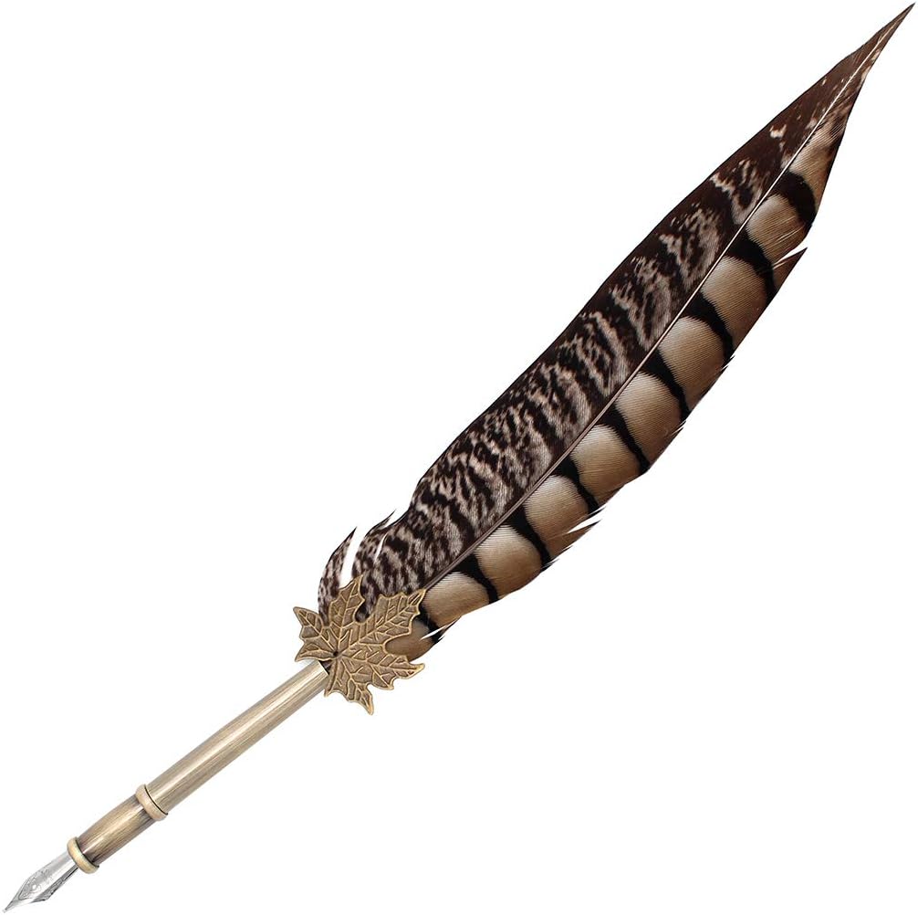 Gullor Quill Handcraft Feather Dip Pen Stem Metal Nib Pen Writing Quill with 5 Extra Nibs, Style D
