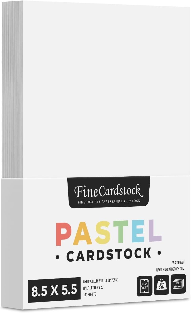 Half Letter Size, 8.5" x 5.5" Pastel Color Cardstock Paper for Arts and Crafts, Scrapbooking, Stationery Printing | Medium Weight 67lb Vellum Bristol (147gsm) Card Stock | 100 Sheets per Pack | White