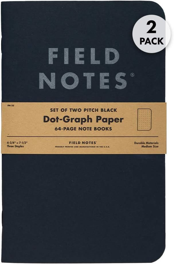Field Notes 2-Pack Pitch Black Notebooks (4.75" X 7.5"), Dot-graph, 64 Pages | Thin Pocket Sized EDC Notebook With 90 GSM Paper & Paperback Cover | Work Notebooks For Note Taking | Made in the USA