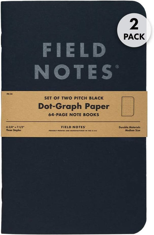 Field Notes 2-Pack Pitch Black Notebooks (4.75" X 7.5"), Dot-graph, 64 Pages | Thin Pocket Sized EDC Notebook With 90 GSM Paper & Paperback Cover | Work Notebooks For Note Taking | Made in the USA
