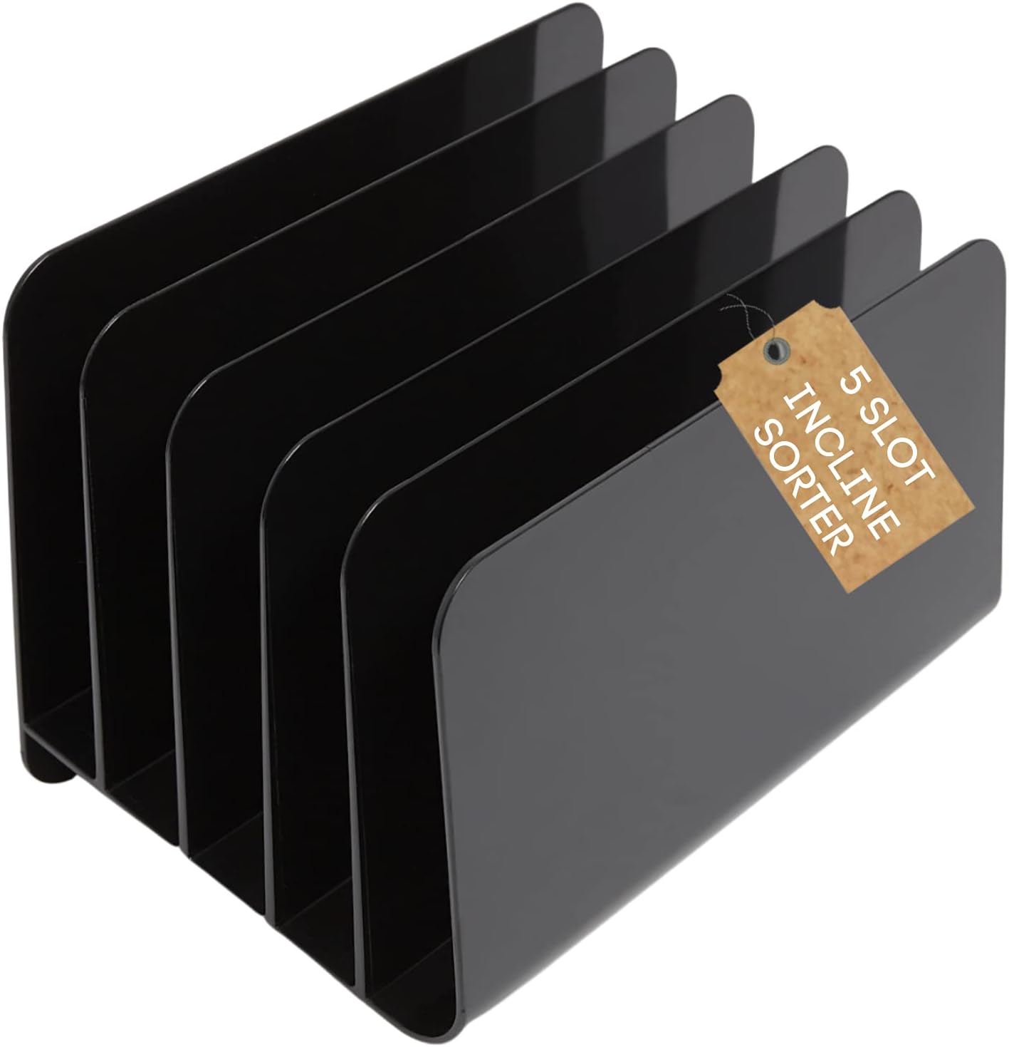 1InTheOffice Inclined File Organizer Desktop, Desk Organizer File Sorter, Plastic Incline Desktop File Sorter, 5 Compartments, Black