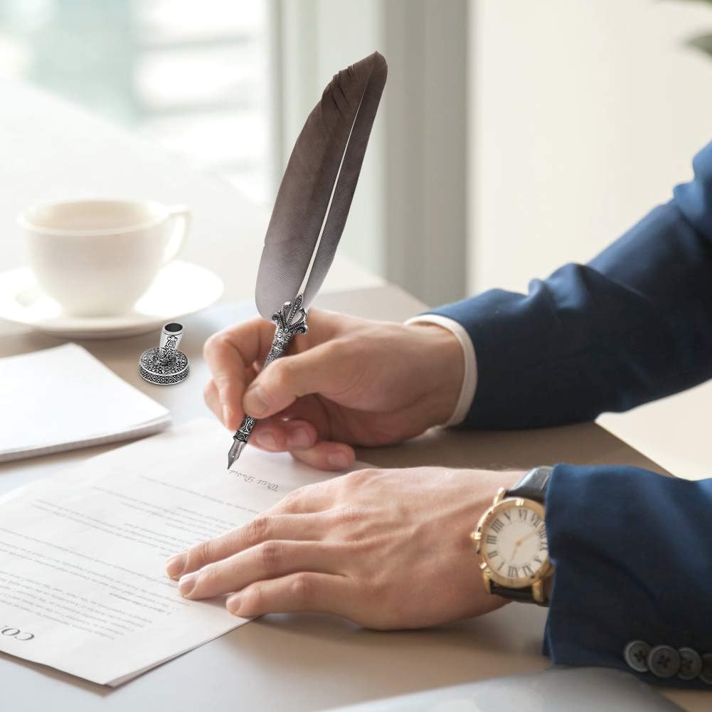 Quill Pen, Hand Made Antique Quill Dip Pen, Calligraphy Writing Drawing Pen for Students Officer, Write Smoothly, Executive Gift with Empty Ink Bottle, 6 PCS Nib for Art