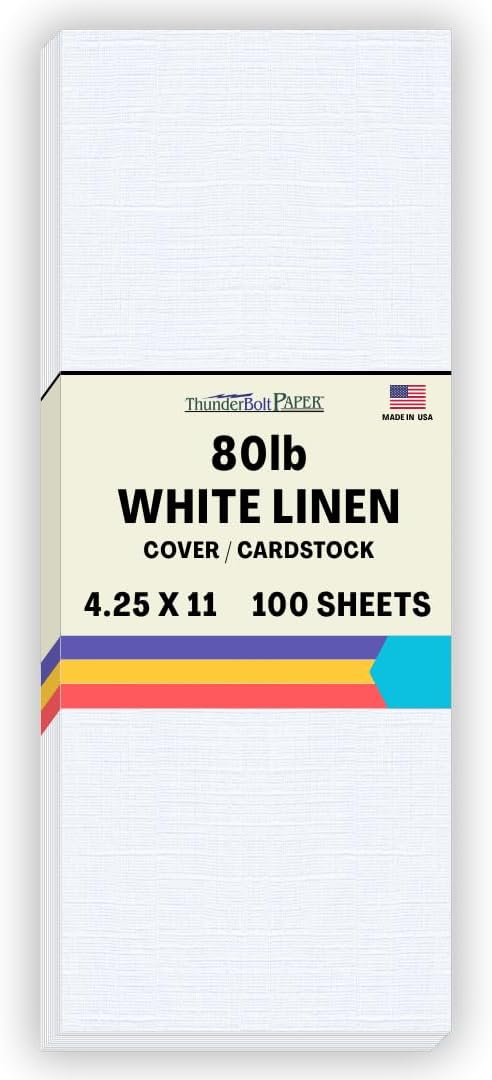 100 Bright White Linen 80# Cover Paper Sheets - 4.25 X 11 Inches Half Letter Size Cut Long - 80 lb/pound Card Weight - Fine Linen Textured Finish Cardstock